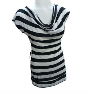Taboo Cowl Neck Black & White Striped Tunic Style Top